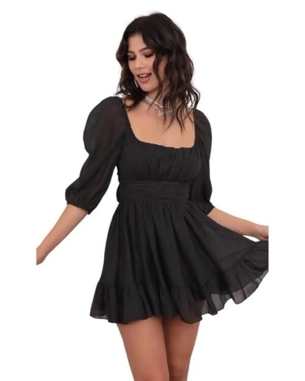 TRILLMIXA Women's Georgette Mini Dress with High Square Neck Puffed Sleeves Short Length Back tie up Skater | Mini Dress for Woman