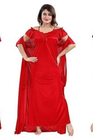 Women's 4 PCs Satin Maxi Night Dress Night Suits Nighty Set