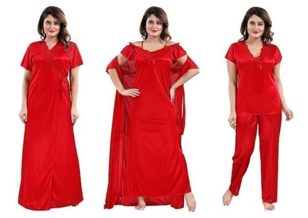 Women's 4 PCs Satin Maxi Night Dress Night Suits Nighty Set