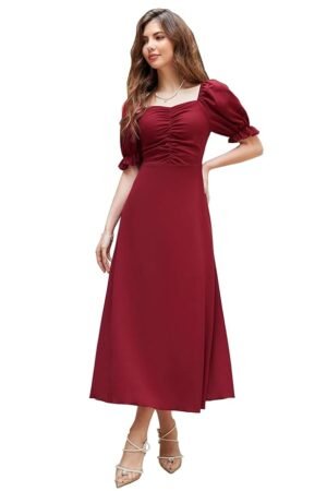 Shasmi Girl's & Women's Solid A-Line Ruched Puff Sleeve Maxi Long Evening One Piece Long Dress for Women Stylish (Dress 131)