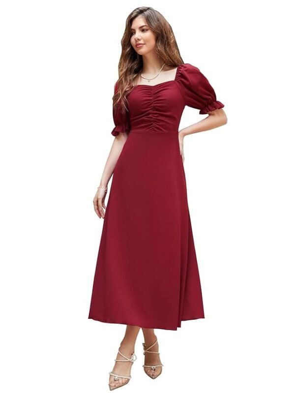 Shasmi Girl's & Women's Solid A-Line Ruched Puff Sleeve Maxi Long Evening One Piece Long Dress for Women Stylish (Dress 131)